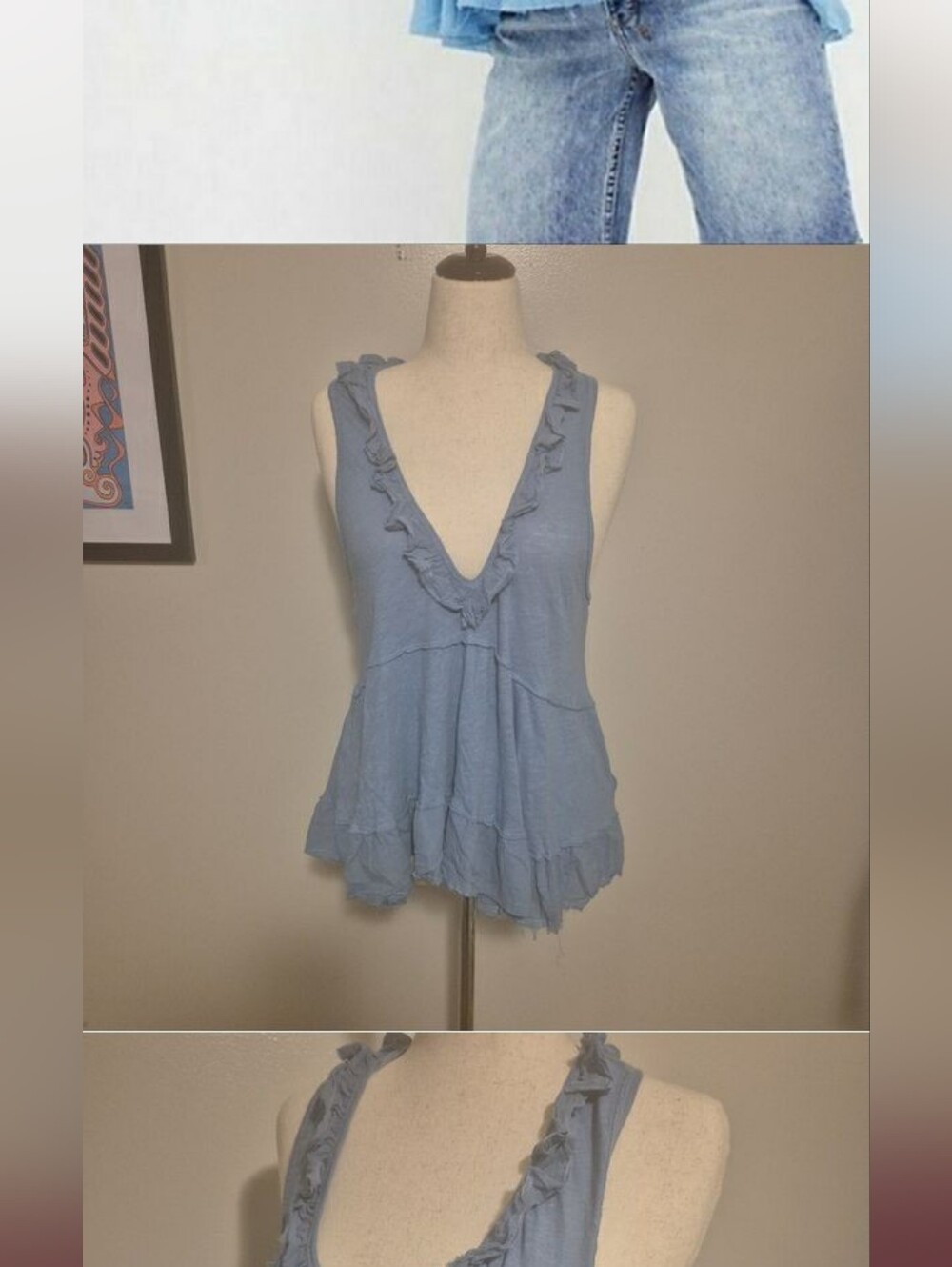 Free People 🌼Ruffle Hem Babydoll Top♡ Blue NWOT
